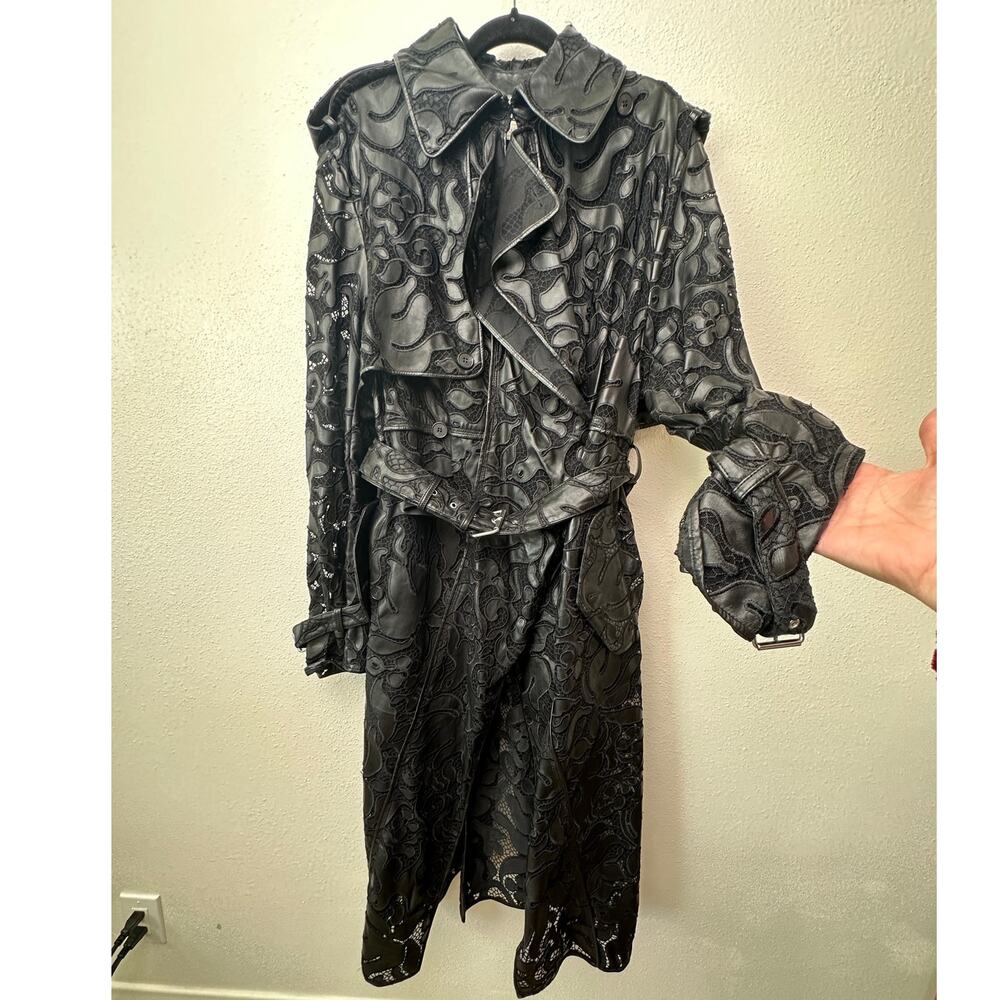 Alexander McQueen Black Leather Lace Belted Trench Coat Made in Italy 14 - Picture 3 of 16